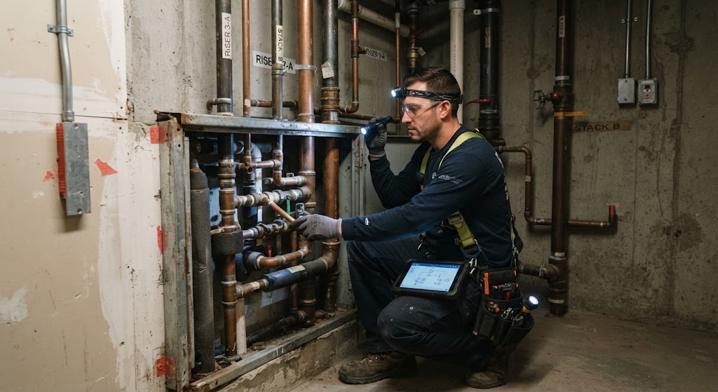 Assessing severe ceiling water damage caused by a burst upper-floor pipe